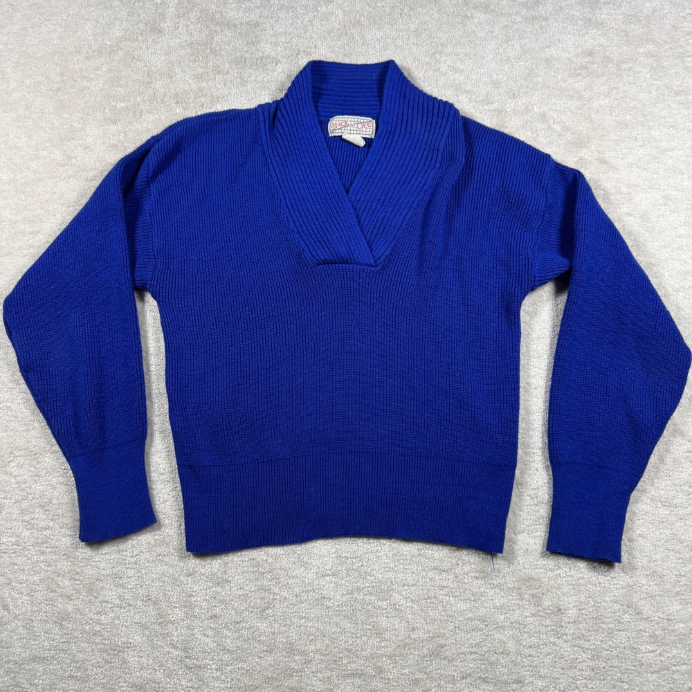 Spice of Life Sweater Womens M Blue Shawl Collar V-Neck Ribbed Knit Vintage 80s